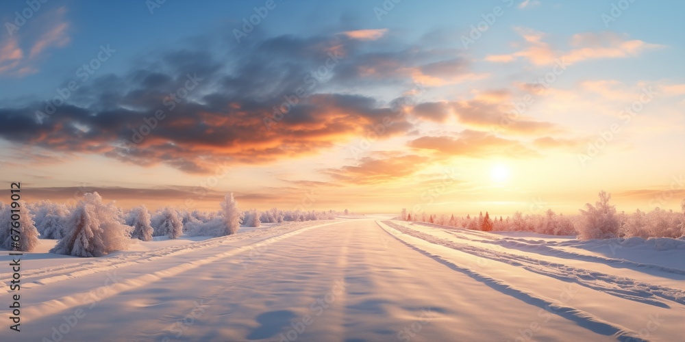Winter landscape with road and snow-covered trees, generative ai Winter landscape with road and snow-covered trees, generative ai