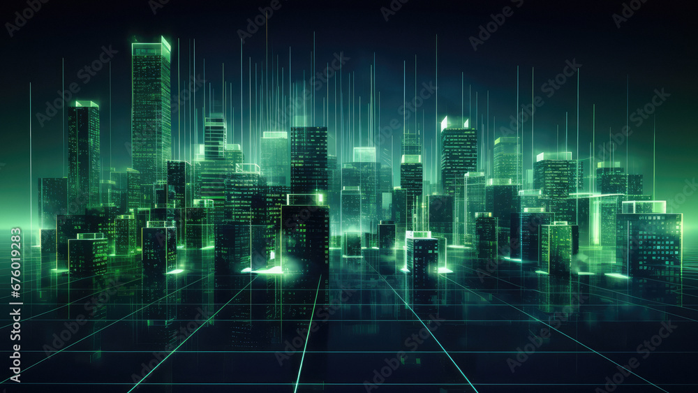 Nighttime urban skyline with illuminated skyscrapers and cityscape. Technology in city architecture Nighttime urban skyline with illuminated skyscrapers and cityscape. Technology in city architecture