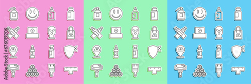 Set line Marker pen attachment, Vandal, Spray can nozzle cap, Paint, gouache, jar, dye, spray gun and Balaclava icon. Vector