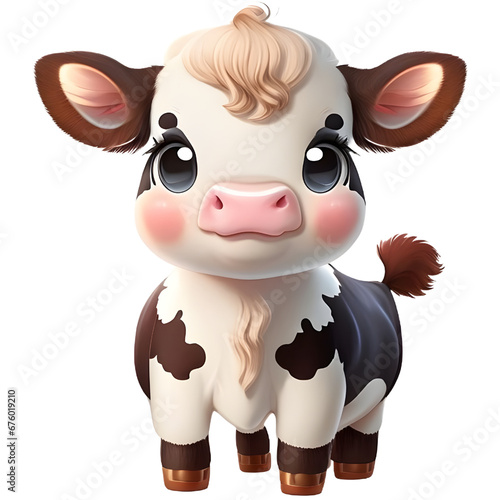 A cartoon illustration of a cute cow looking at you with an innocent and adorable expression