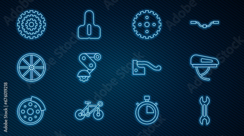 Set line Wrench spanner, Bicycle helmet, sprocket crank, Derailleur bicycle rear, wheel, cassette, brake and seat icon. Vector