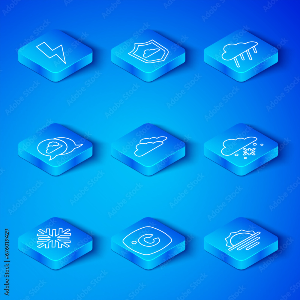 Set line Snowflake, Cloud, Celsius, with snow, rain, Location cloud, Lightning bolt and Sunrise icon. Vector Set line Snowflake, Cloud, Celsius, with snow, rain, Location cloud, Lightning bolt and Sunrise icon. Vector