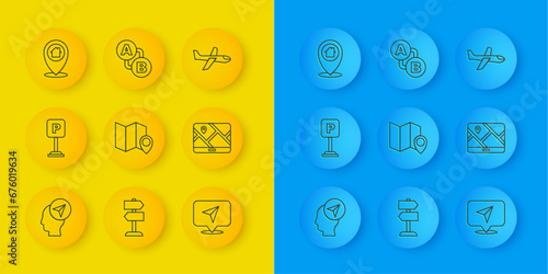 Set line Location with person, Parking, Folded map location marker, Infographic of city navigation, City, house, Plane and Route icon. Vector