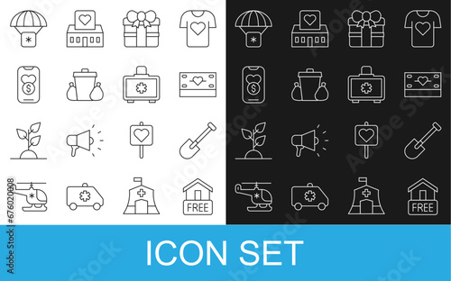 Set line Free home delivery, Shovel, Donation and charity, Gift box, Trash can, Humanitarian aid and First kit icon. Vector