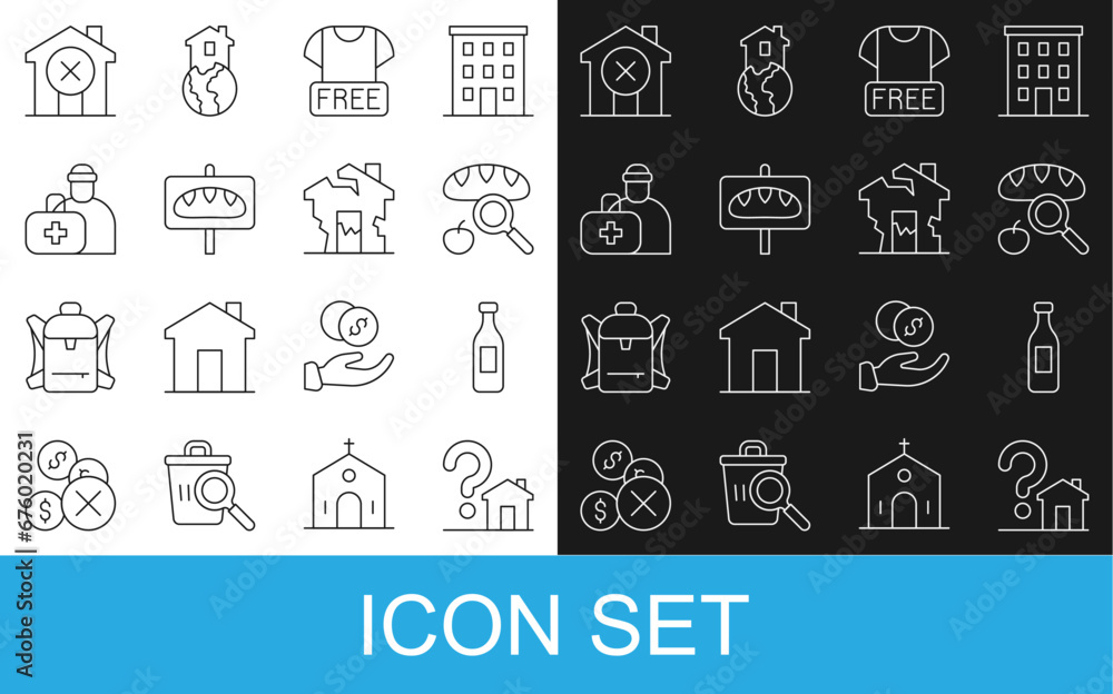 Set line House with question mark, Bottle of water, Searching for food, Clothes donation, Donation, First aid kit, No house and Ruined icon. Vector