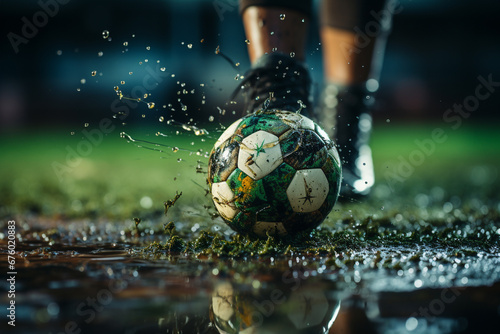 Witness the intensity as  the field turns to mud because of rain capturing the grit and determination in the close up of a football player legs and the ball. Ai generated © dragomirescu