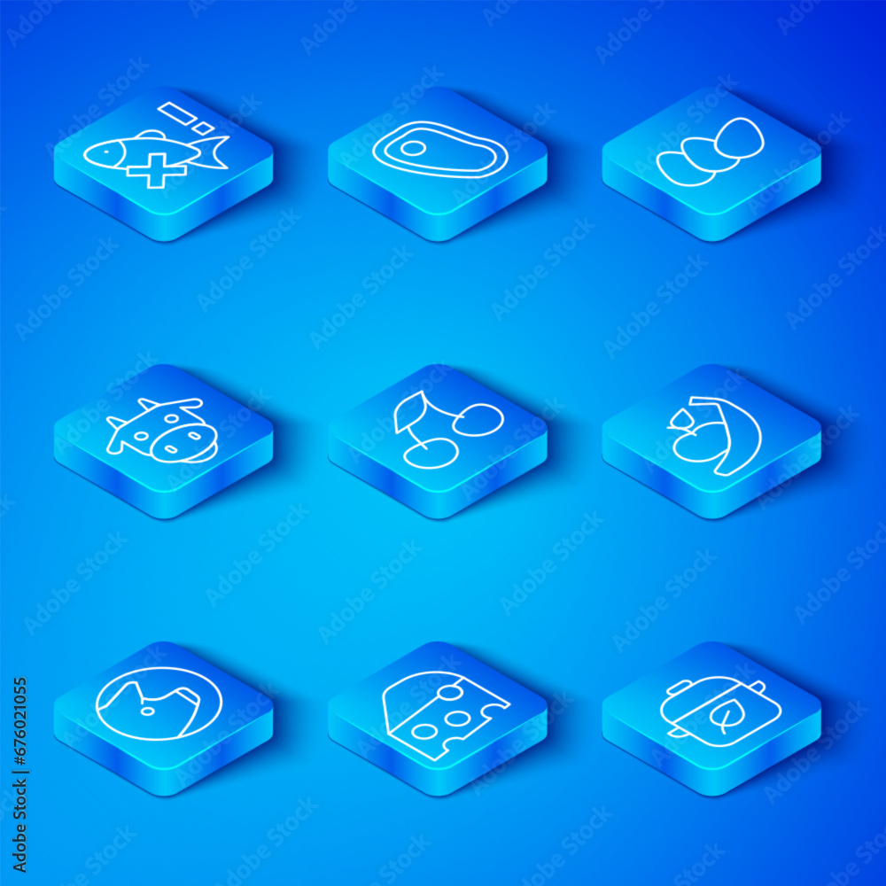 Set line Pig, Fresh berries, Cheese, Apple and banana, Chicken egg, Cow head, No fish and Vegan food diet icon. Vector Set line Pig, Fresh berries, Cheese, Apple and banana, Chicken egg, Cow head, No fish and Vegan food diet icon. Vector