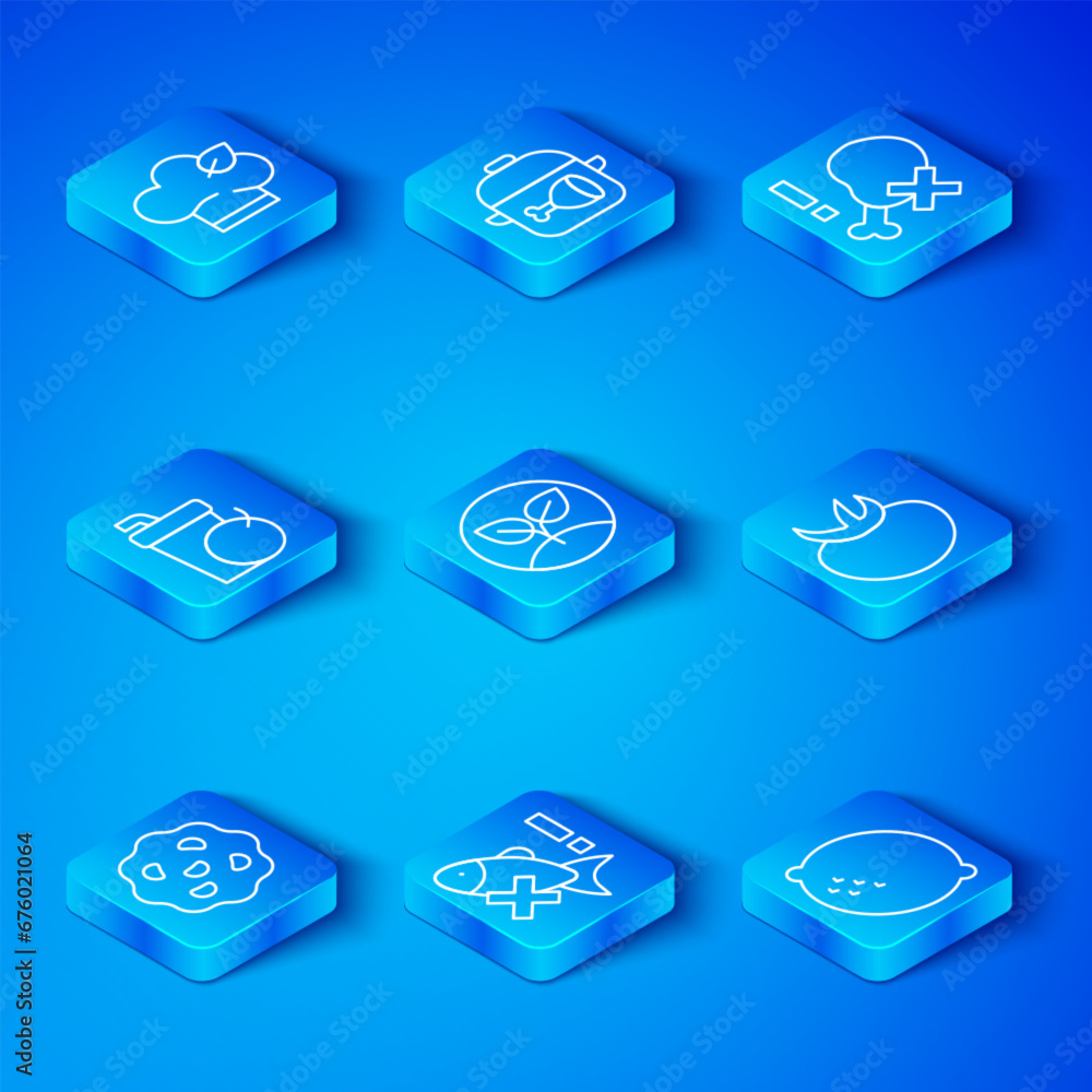 Set line Cookie or biscuit, Sprout, No fish, Tomato, chicken leg, Fresh smoothie, Vegan food diet and Lemon icon. Vector Set line Cookie or biscuit, Sprout, No fish, Tomato, chicken leg, Fresh smoothie, Vegan food diet and Lemon icon. Vector