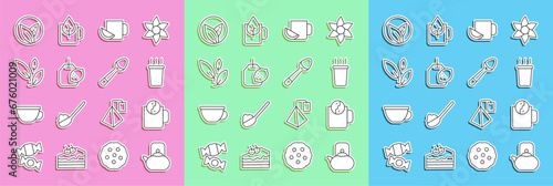 Set line Kettle with handle, Tea time, Cup of tea, lemon, bag, leaf, and Teaspoon icon. Vector