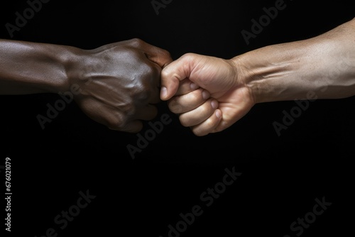 Clash of fists between two people of different races. Cultural diversity concept