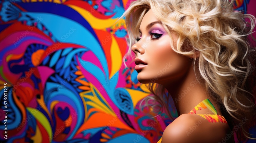 Pop-art style colorful photo of a blonde young woman profile