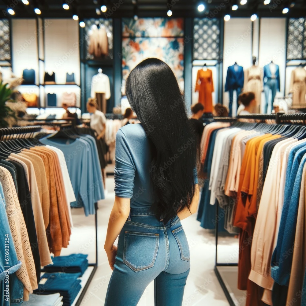Young woman from behind, female choosing clothes in a clothing store on Black friday sale with discount as a consumer shopping therapy 
