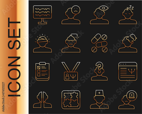 Set line Male doctor, Online psychological counseling, Solution problem psychology, Concussion, headache, Encephalogram and Medicine pill tablet icon. Vector