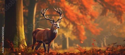 In the beautiful autumn forest park a magnificent red Elaphus deer a majestic Cervus mammal with graceful horns peacefully grazed on the lush green grass along with its herd blending harmon © TheWaterMeloonProjec