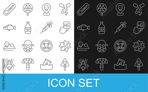 Set line Bones and skull, Bacteria, Drop of mercury, Radioactive in location, Poisoned alcohol, Puffer fish, Thermometer and Syringe icon. Vector