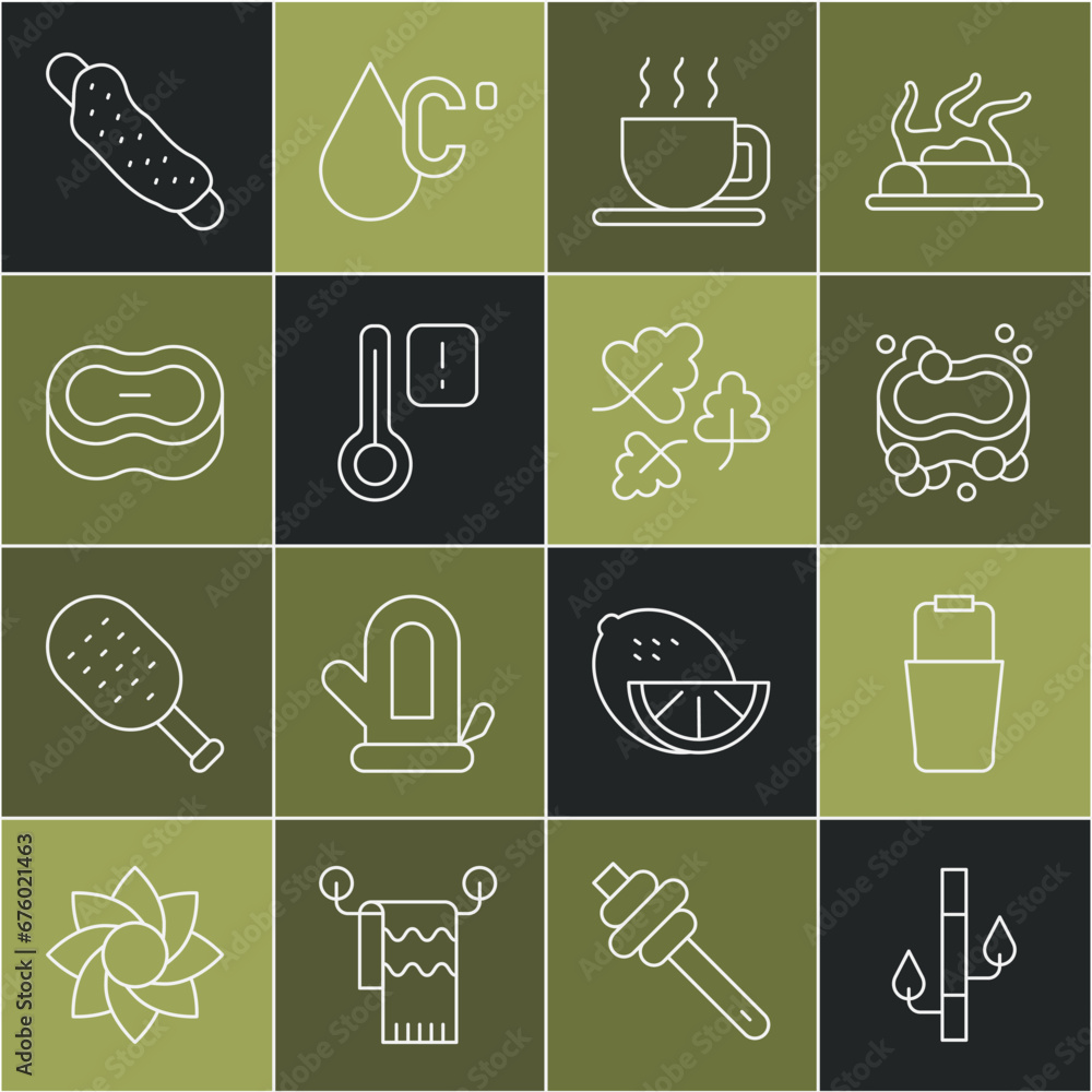 Set line Bamboo, Sauna bucket, Bar of soap, Cup tea, thermometer, Washcloth and Oak leaf icon. Vector Set line Bamboo, Sauna bucket, Bar of soap, Cup tea, thermometer, Washcloth and Oak leaf icon. Vector
