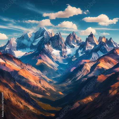 High Vast Scenic Overwhelming View of a Colorful Afternoon Clear Sky Skyline Landscape Snow Capped Towering Rocky Peak Giant Mountain Range Beauty of Nature Concept Background Thousand Miles Birds Eye