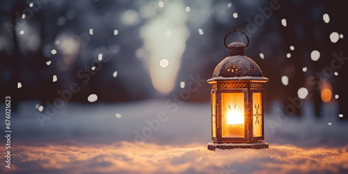 lantern in the snow, Frame of Glowing Candlelit Lanterns Casting a Warm and Invit Chirstmas Decorations, Christmas lantern light on snow background with fir branch in evening scene, generative AI 