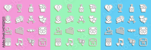 Set line Calendar with February 14, heart, Heart, Bottle love potion, in speech bubble, Location, and Glass of champagne icon. Vector