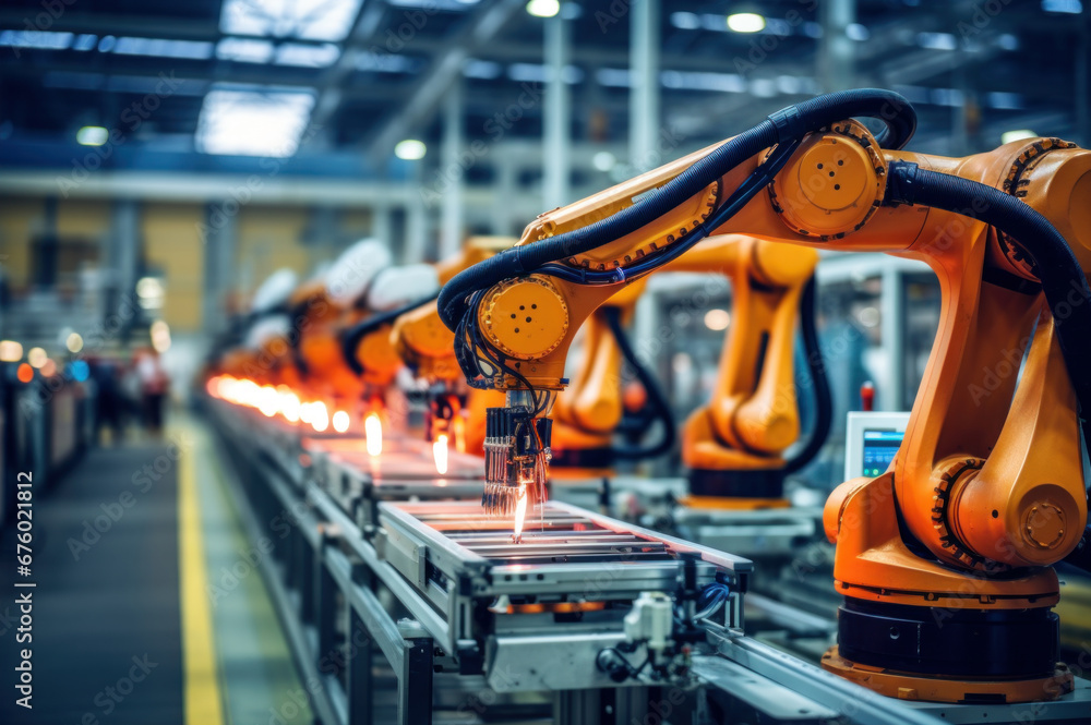 Modern hi tech factory with robotic arms. Industry automation Modern hi tech factory with robotic arms. Industry automation