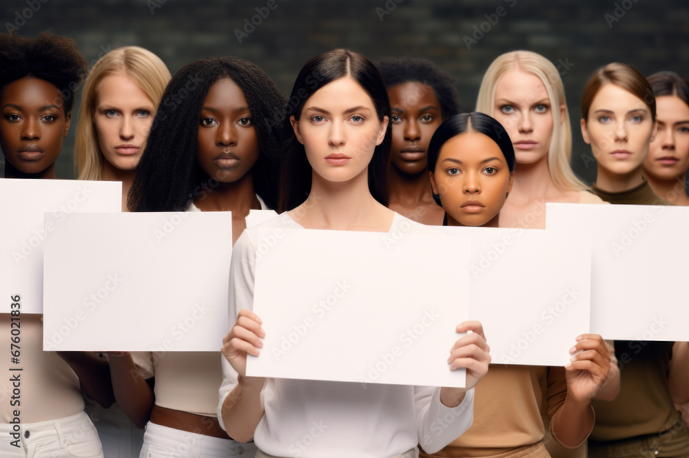 Diverse women holding protest banners. Empty white boards for copyspace Diverse women holding protest banners. Empty white boards for copyspace