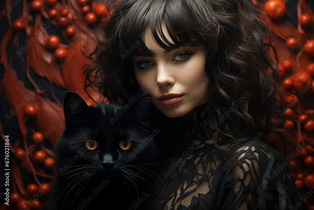 A captivating portrait capturing the beauty of a woman in the company of a sleek and mysterious black cat, a timeless union of elegance and feline grace. Ai generated A captivating portrait capturing the beauty of a woman in the company of a sleek and mysterious black cat, a timeless union of elegance and feline grace. Ai generated