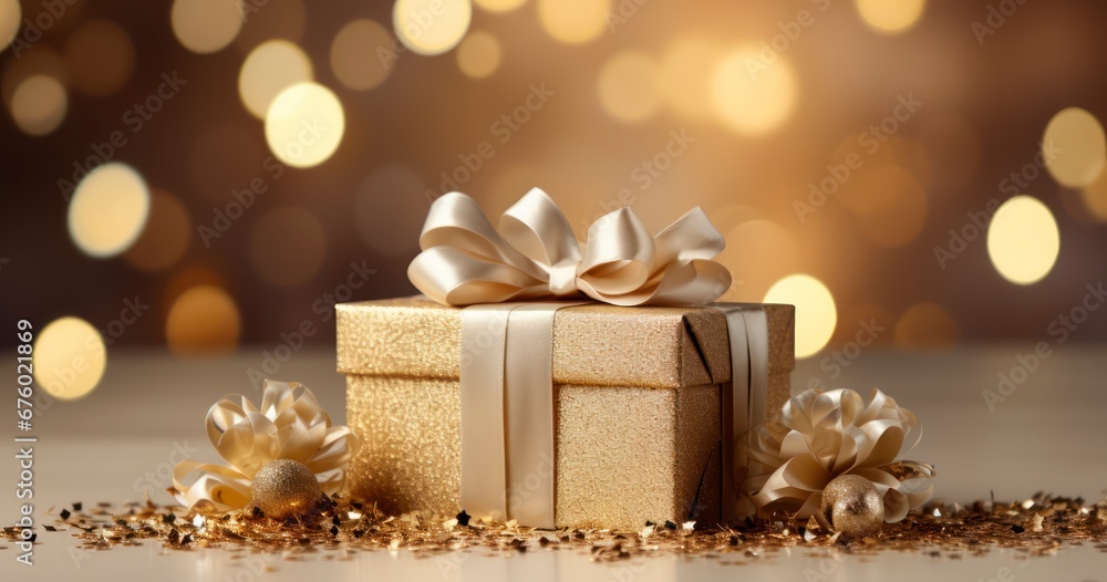 A Beige Gift Box with a Burst of Gold Confetti. Generative AI A Beige Gift Box with a Burst of Gold Confetti. Generative AI