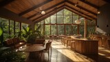 Eco-lodge hotel interior with tropical forest view, creating a serene and relaxing ambiance, surrounded by the nature, 3d render. Decor concept. Real estate concept. Art concept.