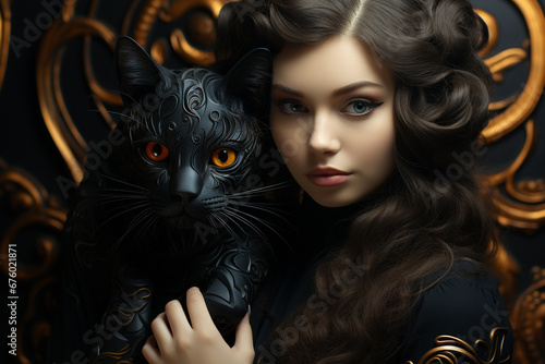 A captivating portrait capturing the beauty of a woman in the company of a sleek and mysterious black cat, a timeless union of elegance and feline grace. Ai generated