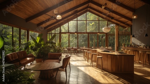 Eco-lodge hotel interior with tropical forest view, creating a serene and relaxing ambiance, surrounded by the nature, 3d render. Decor concept. Real estate concept. Art concept.