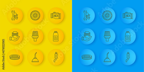 Set line Car air filter, Auto service check automotive, muffler, Canister for motor machine oil, Check engine and Alloy wheel car icon. Vector