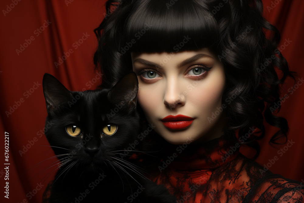 A captivating portrait capturing the beauty of a woman in the company of a sleek and mysterious black cat, a timeless union of elegance and feline grace. Ai generated A captivating portrait capturing the beauty of a woman in the company of a sleek and mysterious black cat, a timeless union of elegance and feline grace. Ai generated