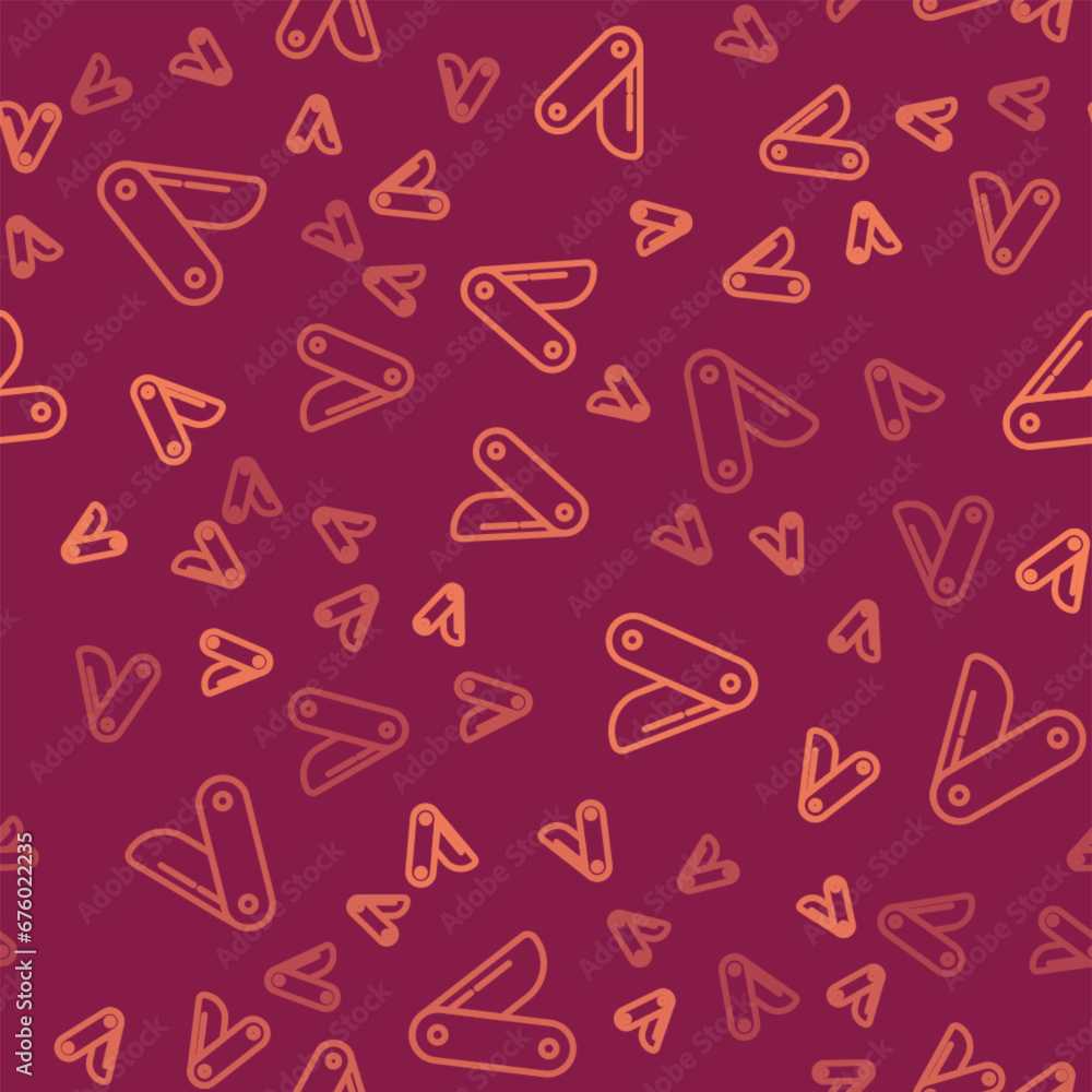 Brown line Swiss army knife icon isolated seamless pattern on red background. Multi-tool, multipurpose penknife. Multifunctional tool. Vector Brown line Swiss army knife icon isolated seamless pattern on red background. Multi-tool, multipurpose penknife. Multifunctional tool. Vector