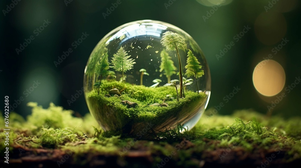 crystal globe on moss in a forest - environment photography ::10 , 8k, 8k render 