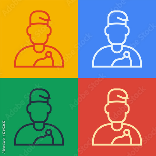 Pop art line Wizard warlock icon isolated on color background. Vector
