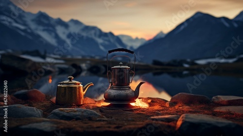 Camp fire and tea pot, tent and mountains in the background at sunset. Travel concept and Hobbies photography ::10 , 8k, 8k render 