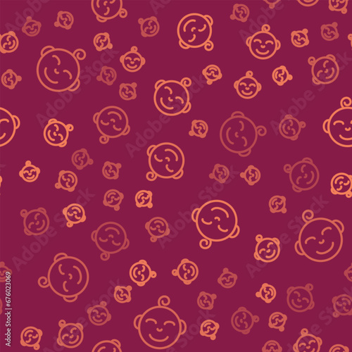 Brown line Happy little boy head icon isolated seamless pattern on red background. Face of baby boy. Vector