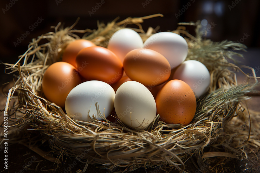 Experience the rustic simplicity and natural beauty of eggs showcased in a charming straw basket, bathed in the soft glow of natural light. Ai generated Experience the rustic simplicity and natural beauty of eggs showcased in a charming straw basket, bathed in the soft glow of natural light. Ai generated