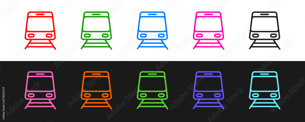 Set line Train and railway icon isolated on black and white background. Public transportation symbol. Subway train transport. Metro underground. Vector Set line Train and railway icon isolated on black and white background. Public transportation symbol. Subway train transport. Metro underground. Vector