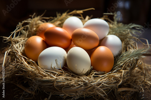 Experience the rustic simplicity and natural beauty of eggs showcased in a charming straw basket, bathed in the soft glow of natural light. Ai generated