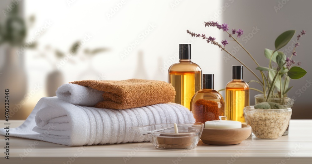 Spa Elegance - Pristine Towels and Herbal Indulgences in a Soothing Setting. Generative AI Spa Elegance - Pristine Towels and Herbal Indulgences in a Soothing Setting. Generative AI