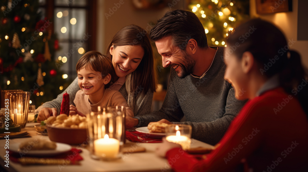 Family enjoying a warm, festive Christmas dinner together, with children smiling, candles glowing, and a decorated Christmas tree in the background.