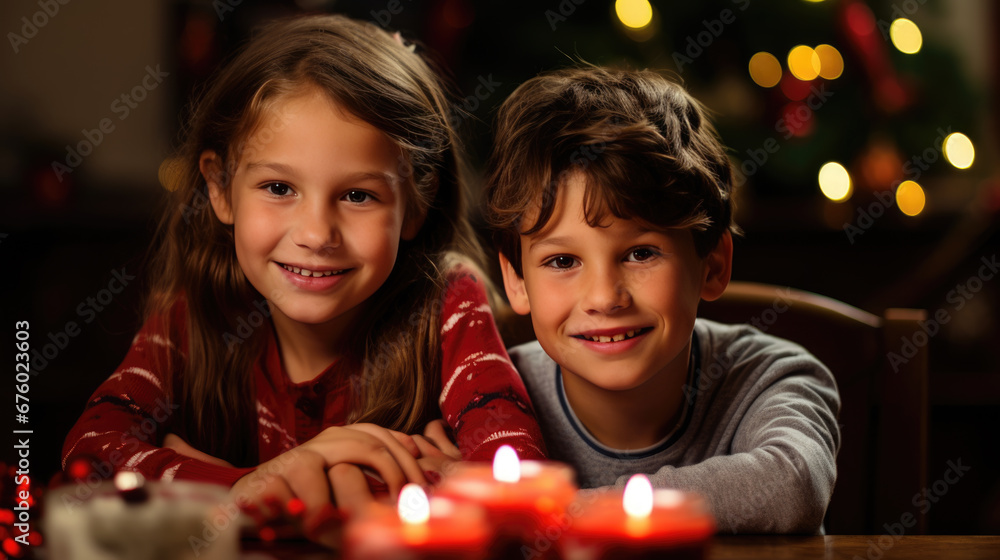 Two cheerful children, a boy and a girl, possibly siblings, sitting at a dinner table with a festive Christmas tree in the background, smiling warmly at the camera. Two cheerful children, a boy and a girl, possibly siblings, sitting at a dinner table with a festive Christmas tree in the background, smiling warmly at the camera.