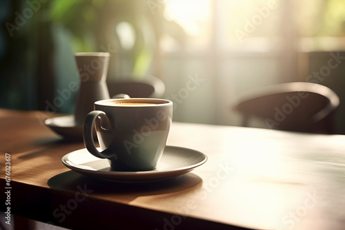 Morning fragrant cup of coffee on the table in the sunlight