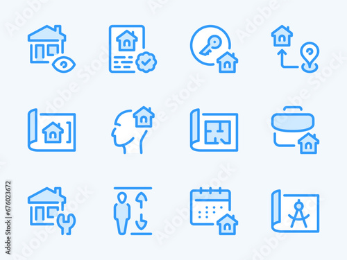 Real Estate and Property vector line icons. Building and Apartment ownership outline icon set. Portfolio, Location, Elevator, Agreement, Key Handover, Architectural Plans, House Repair and more.