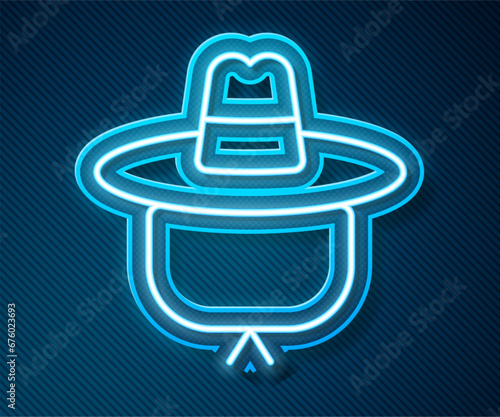 Glowing neon line Camping hat icon isolated on blue background. Beach hat panama. Explorer travelers hat for hunting, hiking, tourism. Vector