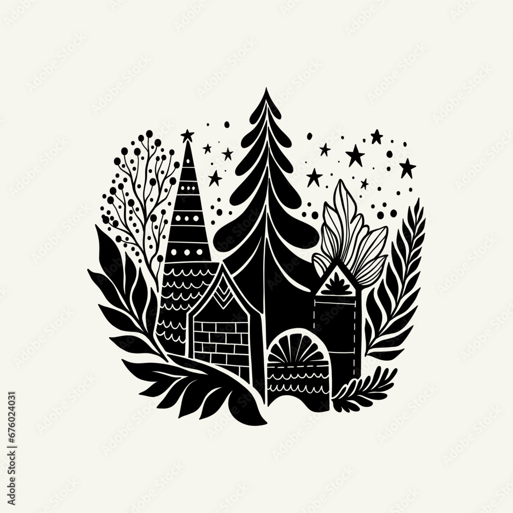 Obraz premium Merry Christmas and Happy New Year illustration, for greeting cards, posters, holiday covers. Xmas festive linocut black hand drawn.