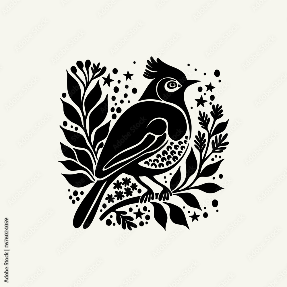 Obraz premium Merry Christmas and Happy New Year illustration, for greeting cards, posters, holiday covers. Xmas festive linocut black hand drawn.