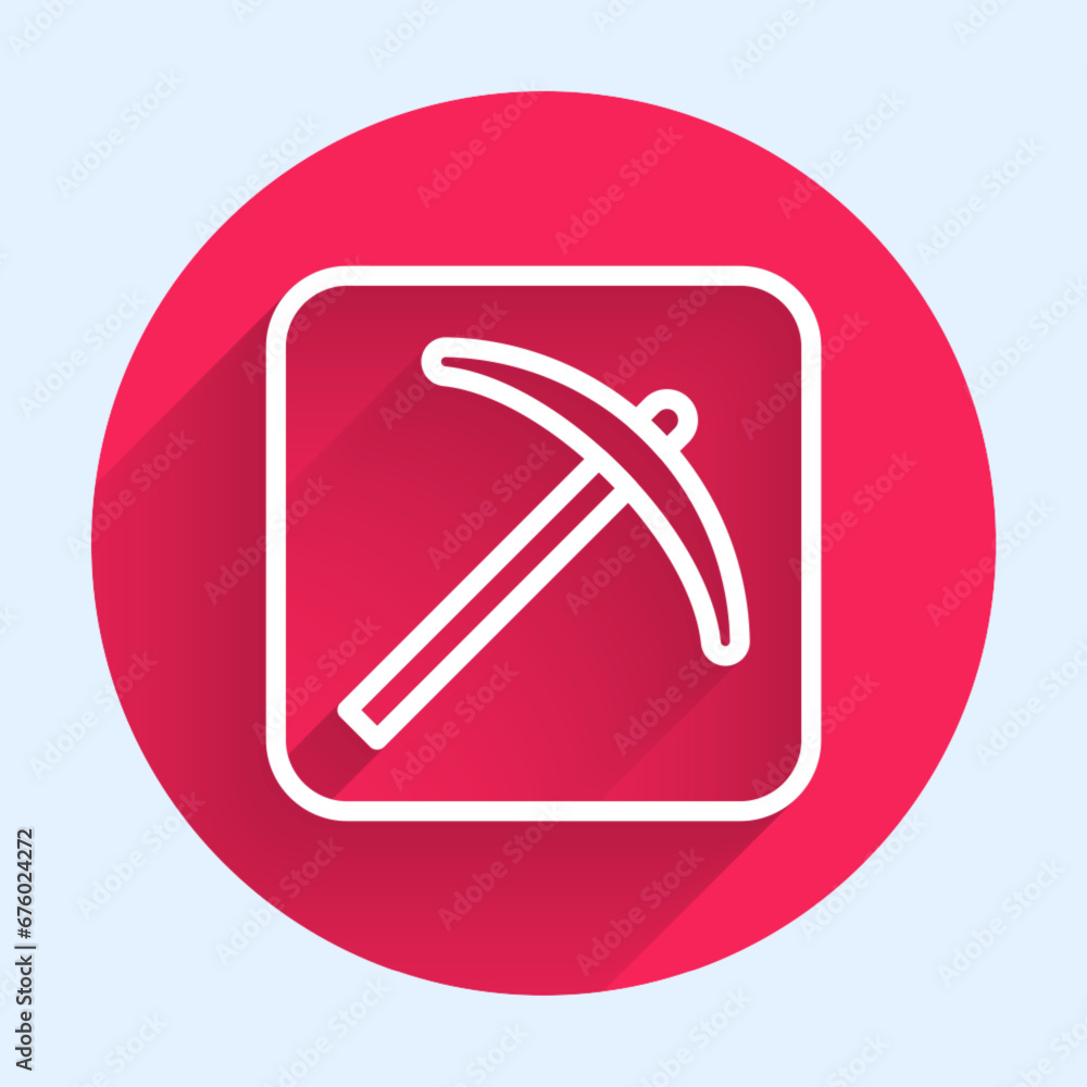 White line Pickaxe icon isolated with long shadow background. Red circle button. Vector White line Pickaxe icon isolated with long shadow background. Red circle button. Vector