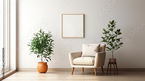 White armchair cushion surrounded by houseplants ai generated frame mockup living room